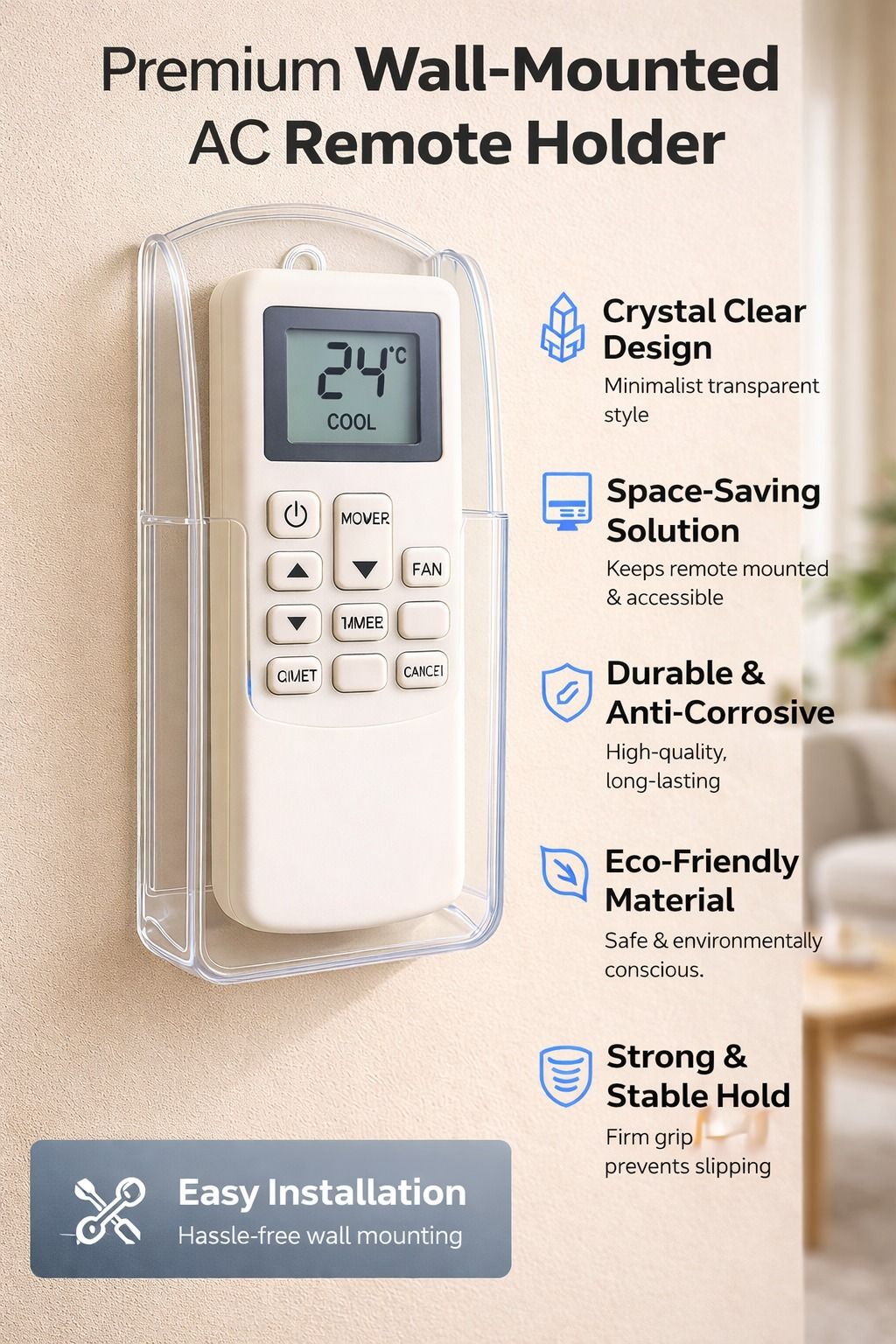 Wall Mounted Remote Control Holder with Self Adhesive Hook | Anti Drill Holder Accessories Organizer-image-2