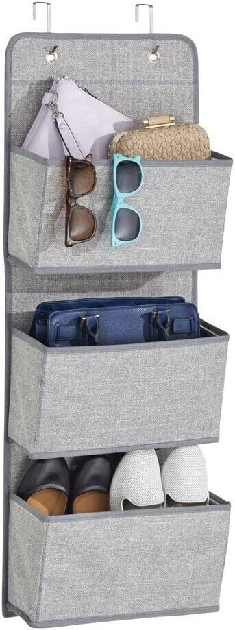 Fabric 3 Pockets Wall Door Cloth Wardrobe Hanging Storage Hanger Organizer-Grey Accessories Organizer, Bookcase Organizer, Closet Organizer-image-2