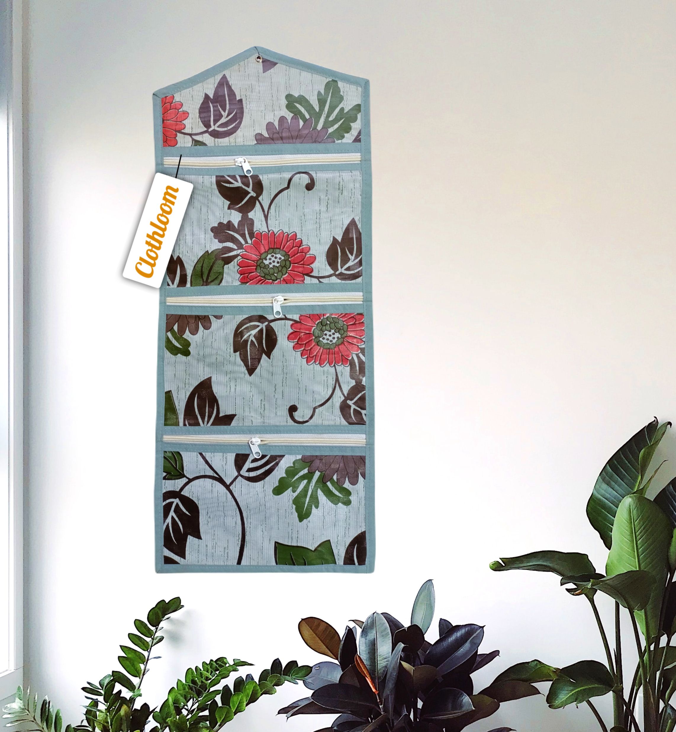 clothloom Floral Grey Wall Hanging Organizer with 3 Zipper Pockets Accessories Organizer, Bedside Organizer-picture-19