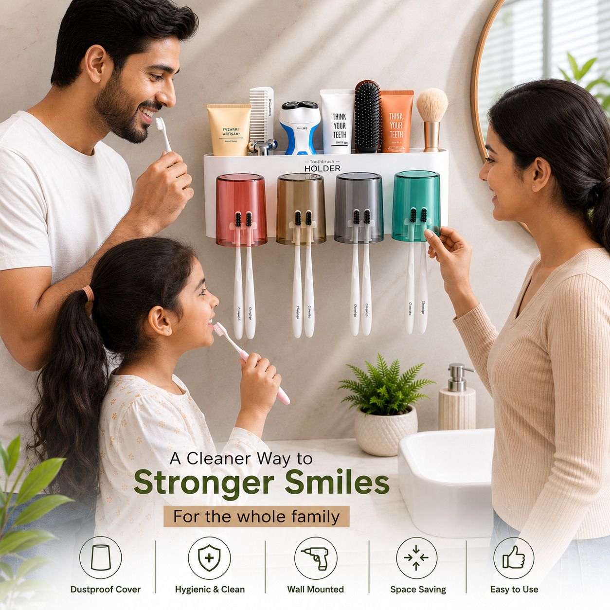 VEDU Toothbrush Holder Wall Mounted for Bathroom | 4 Cup Plastic Toothbrush Accessories Organizer-picture-39