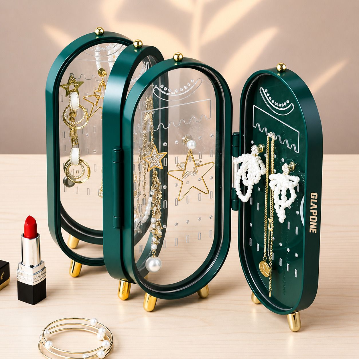 clapone Foldable Jewelry Multi-Panel Storage Stand (Green & Gold Finish) Jewellery Organizer, Accessories Organizer-picture-13