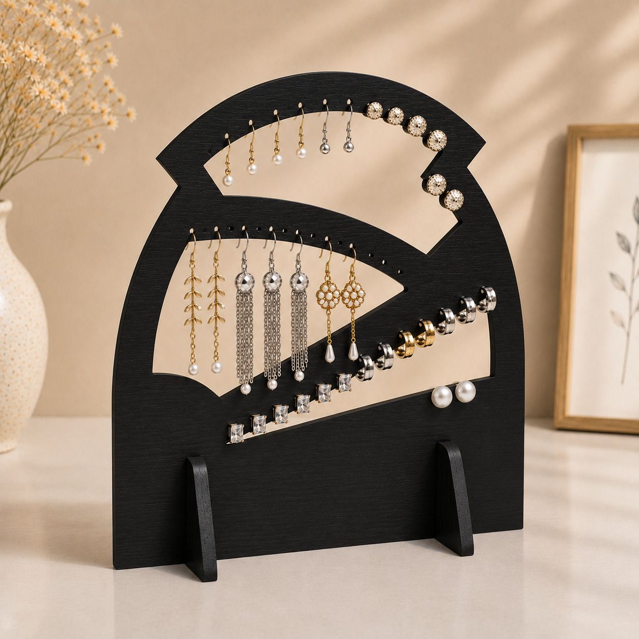 Brown MDF Earring Holder for Studs, Hoops & Drop Earrings Jewellery Organizer-image-2
