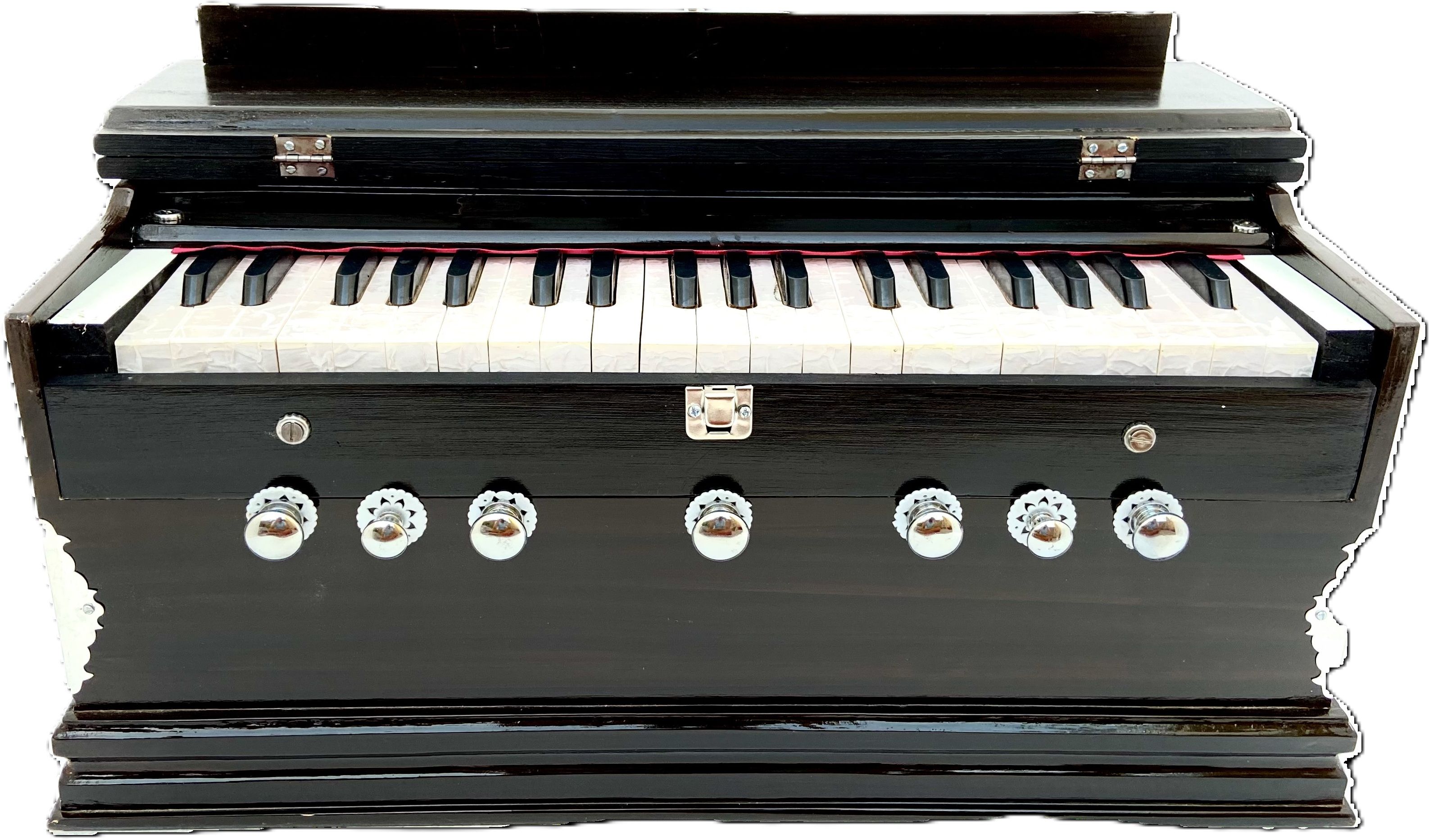 l 7 stopper double bellow (two fold bellow, bass reed) 7 stopper double bellow 39 keys octave hand pumped harmonium 3.2 octave hand pumped harmonium