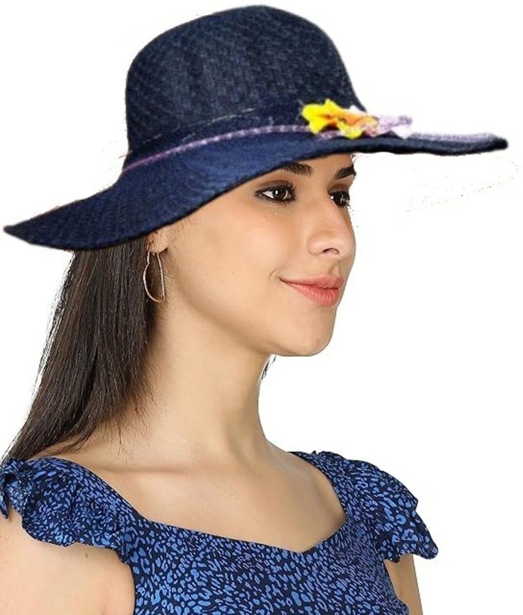 Zonkar Woman Blue Flower Printed Long Brim Beach and Sun Hat/caps for Women & Girls