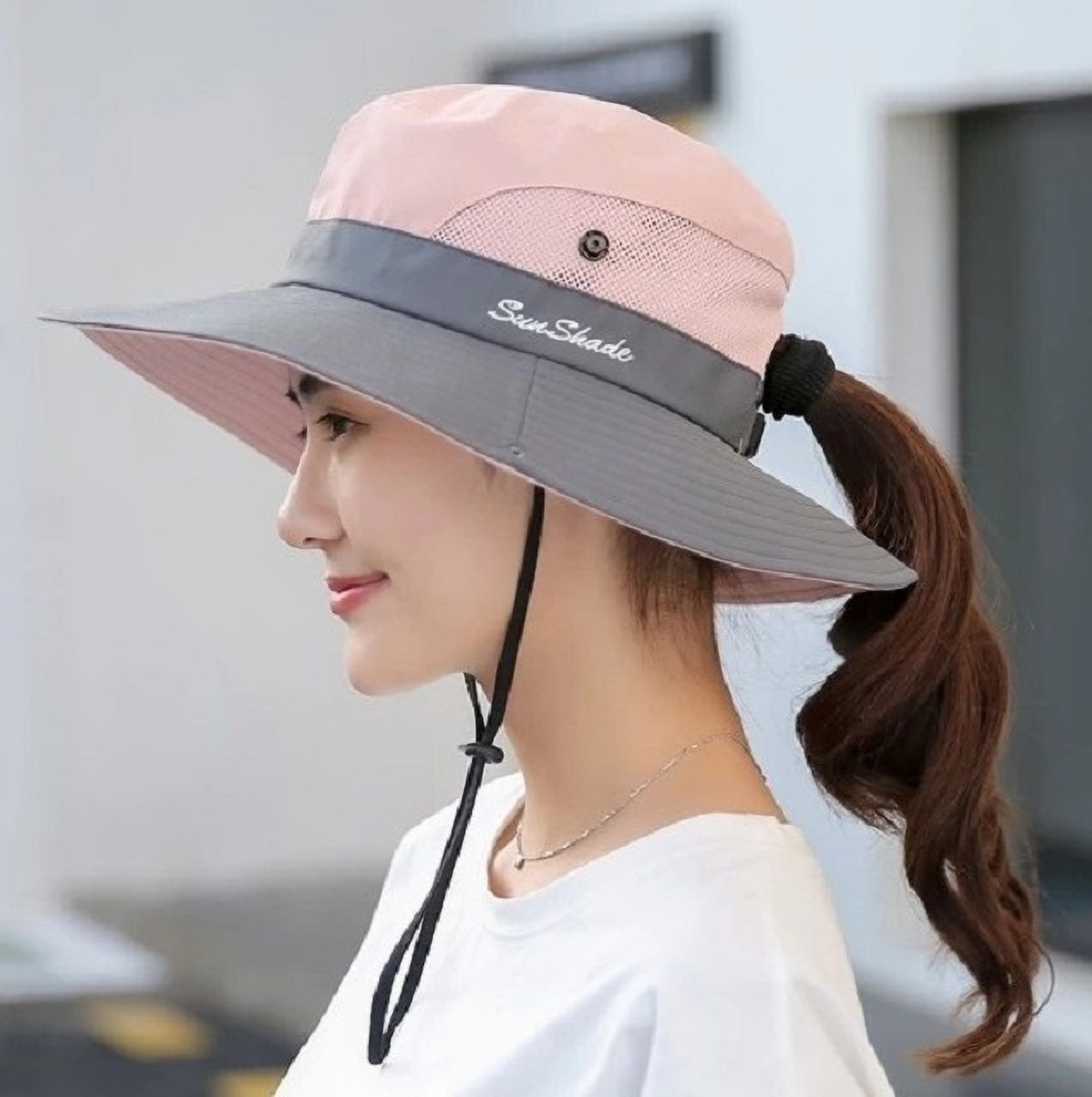 AlexVyan Sunshade Round Crown Hat Sun Visor Hats for Women Wide Brim Summer Ponytail Cap-picture-35
