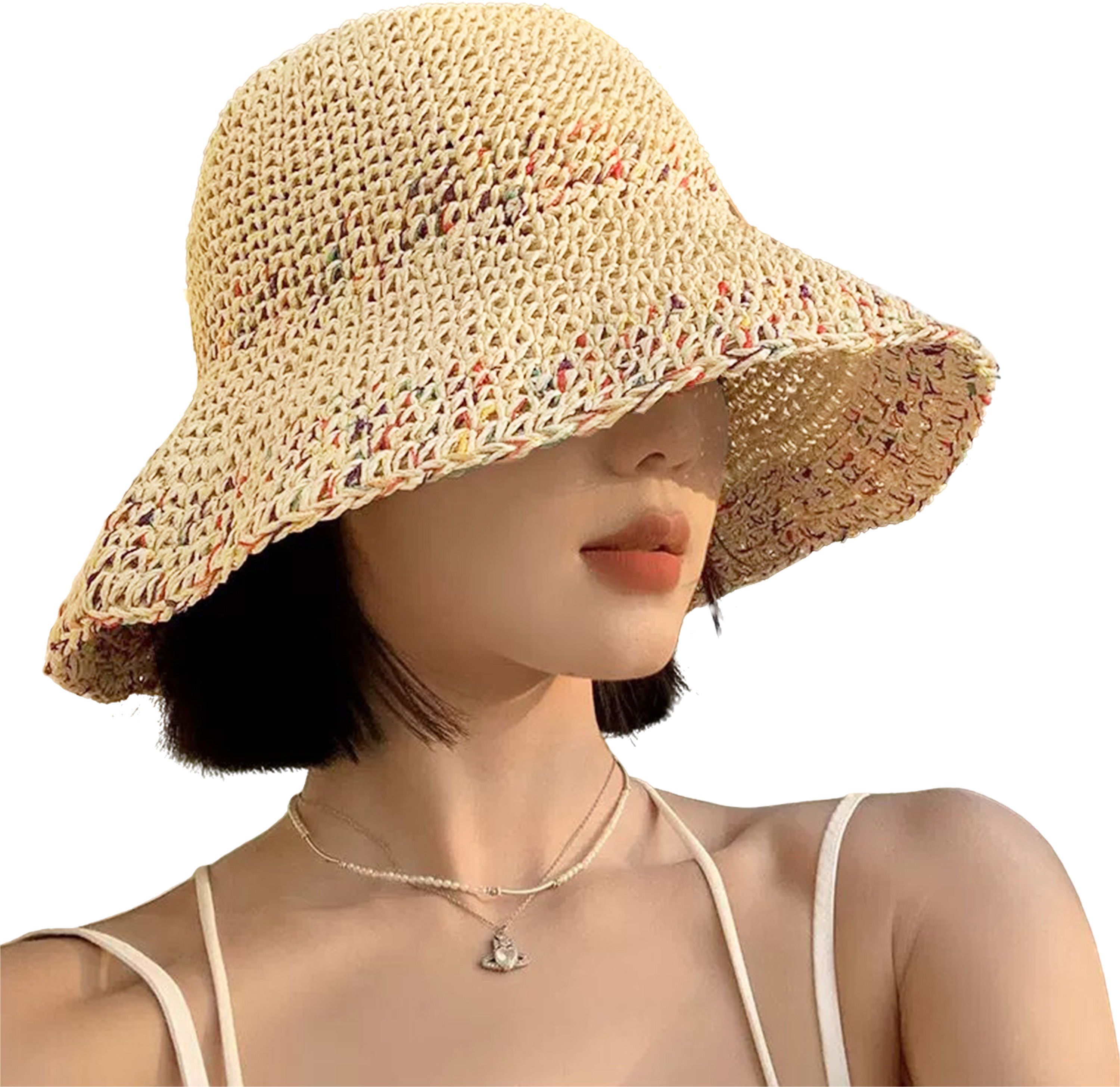 Kraptick Crocheted Straw Hat for Women Foldable Summer Beach Hat with Wide Brim