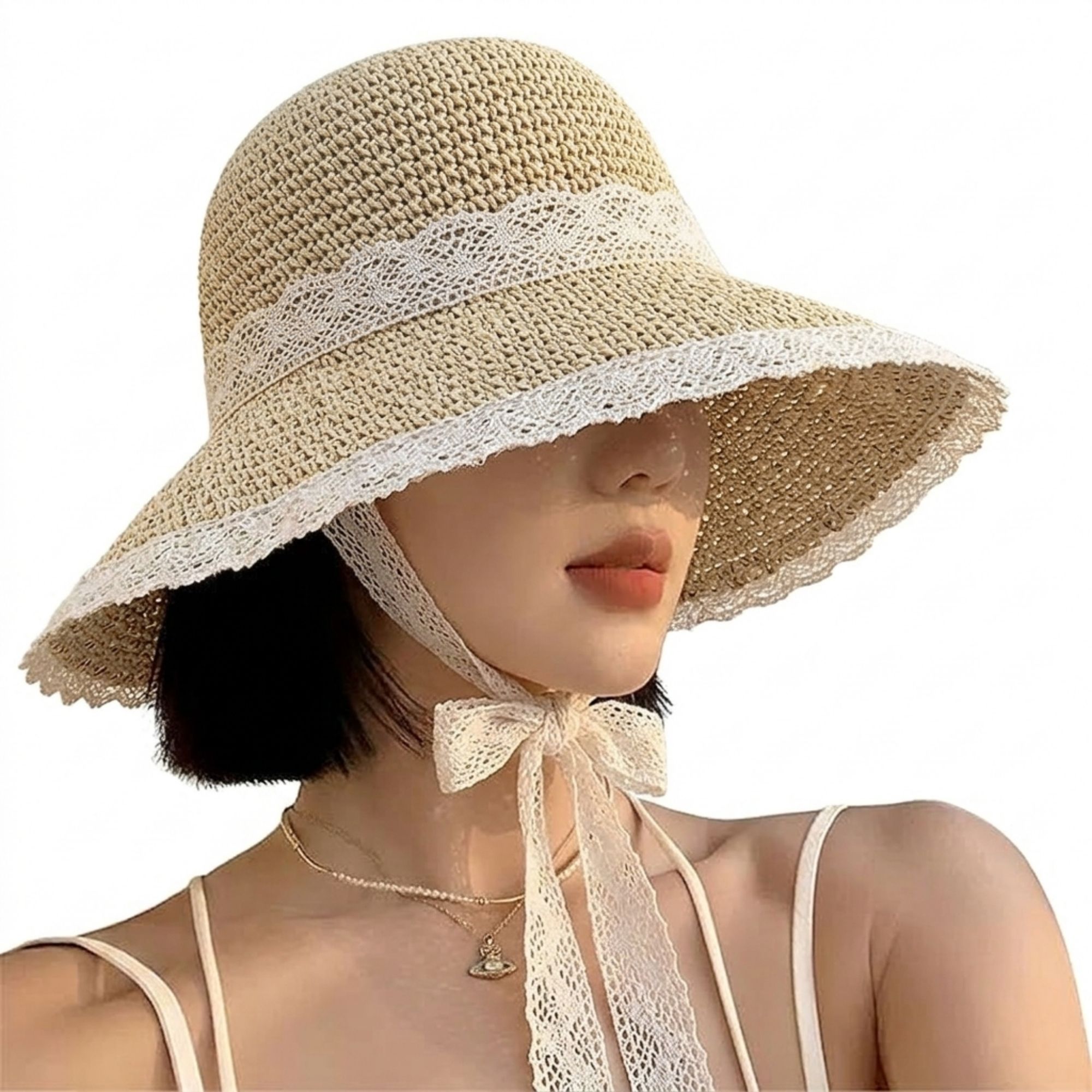 KRAPTICK Crocheted Straw Hat for Women Foldable Summer Beach Hat with Wide Brim-picture-13