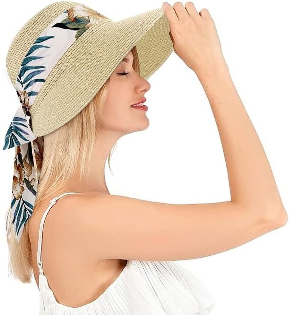 Artibetter Straw Hat for Women Wide Brim Beach Sun Hat with Floral Printed Ribbon Bow-image-14