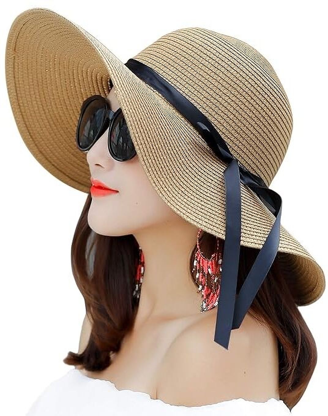 TREXEE Women Wide Brim Straw Sun Hat Floppy Foldable Roll up Beach Summer Hats UPF 50+