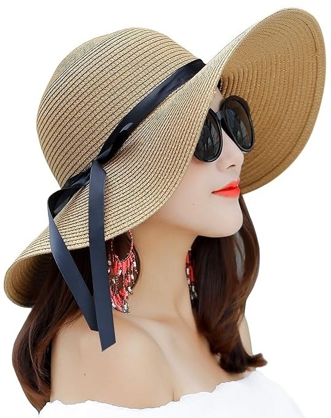 TREXEE Women Brim Straw Sun Hat Floppy Foldable Roll up Beach Summer Hats UPF 50+