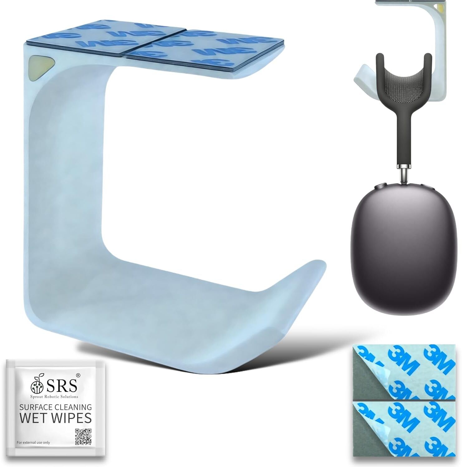 SRS Under Desk Headphone Holder Hook Stand Adhesive Mount ABS with Cleaning Wipes - Headphone Stand