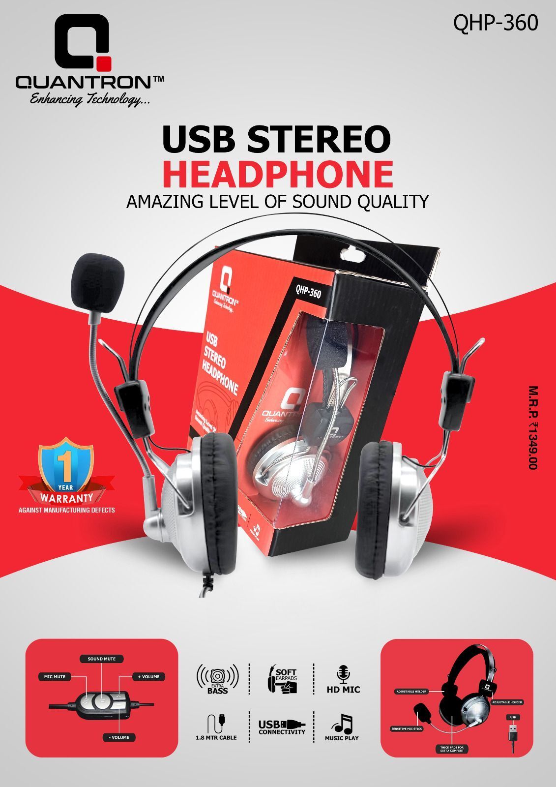 quantron QHP-360 USB STEREO HEADPHONE ( AMAZING LEVEL OF SOUND QUALITY ). Wired Headset-picture-12
