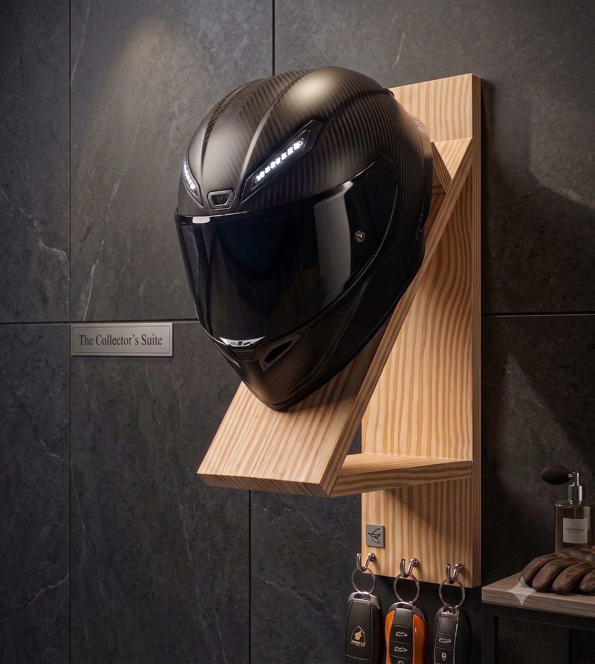 Premium Wooden Helmet Display Rack Wall Mounted with Key Holder Helmet Mount-image-47