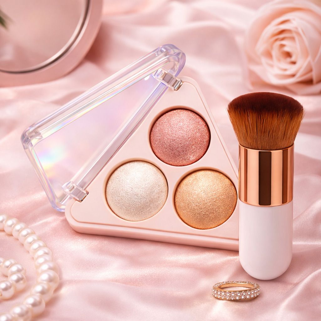 3 Color Highlighter triangle Palette with Makeup Brush Highlighter-image-45