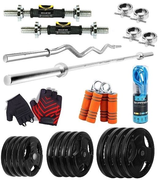 ymd 10 kg Metal Integrated Rubber Plates Three Cut 5FT Curl & 5FT Straight 28mm rods Home Gym Combo-picture-9