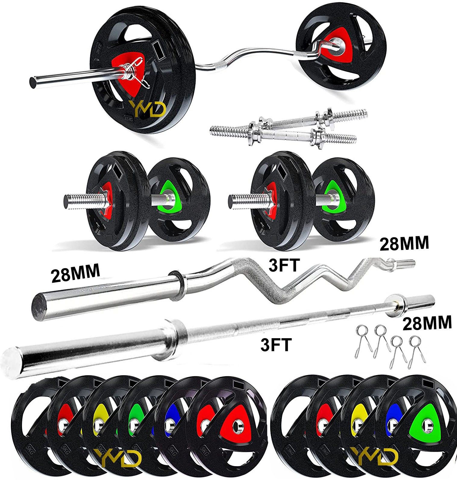 ymd 15 kg Premium Rubber Plates (2.5KGx6Pc) 3FT Curl & 3FT Straight 28MM Rod Home Gym Combo-picture-42