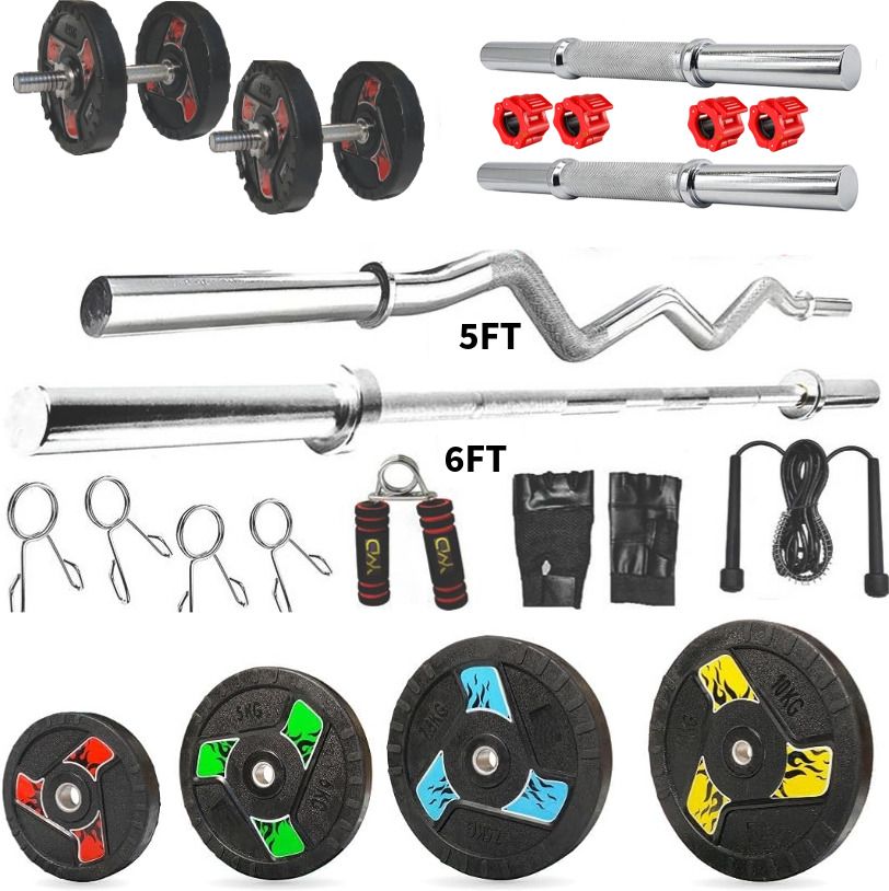 ymd 60 kg Premium Fan Rubber Plates 2.5KGx4,5KGx6,10KGx2 5FTCurl 6FTSTRT 28MM Rod & Clamps Home Gym Combo-picture-15