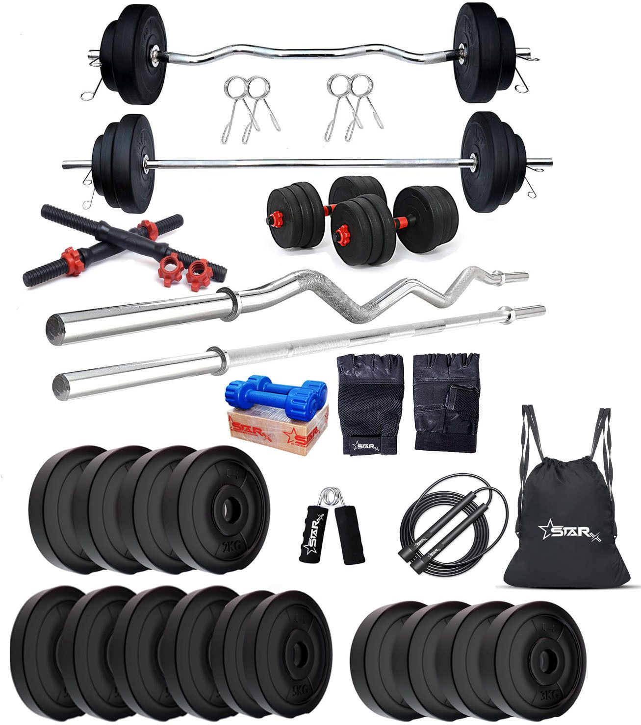 50 kg PVC weight with 3ft Curl, 3ft Straight Rod and Accessories Home Gym Combo