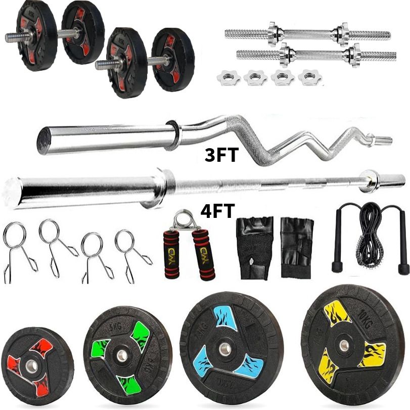 ymd 20 kg Premium Fan Rubber Plates (2.5KGx4Pc,5KGx2Pc) 3FT Curl 4FT STRT 28MM Rod, Clamps Home Gym Combo-picture-5