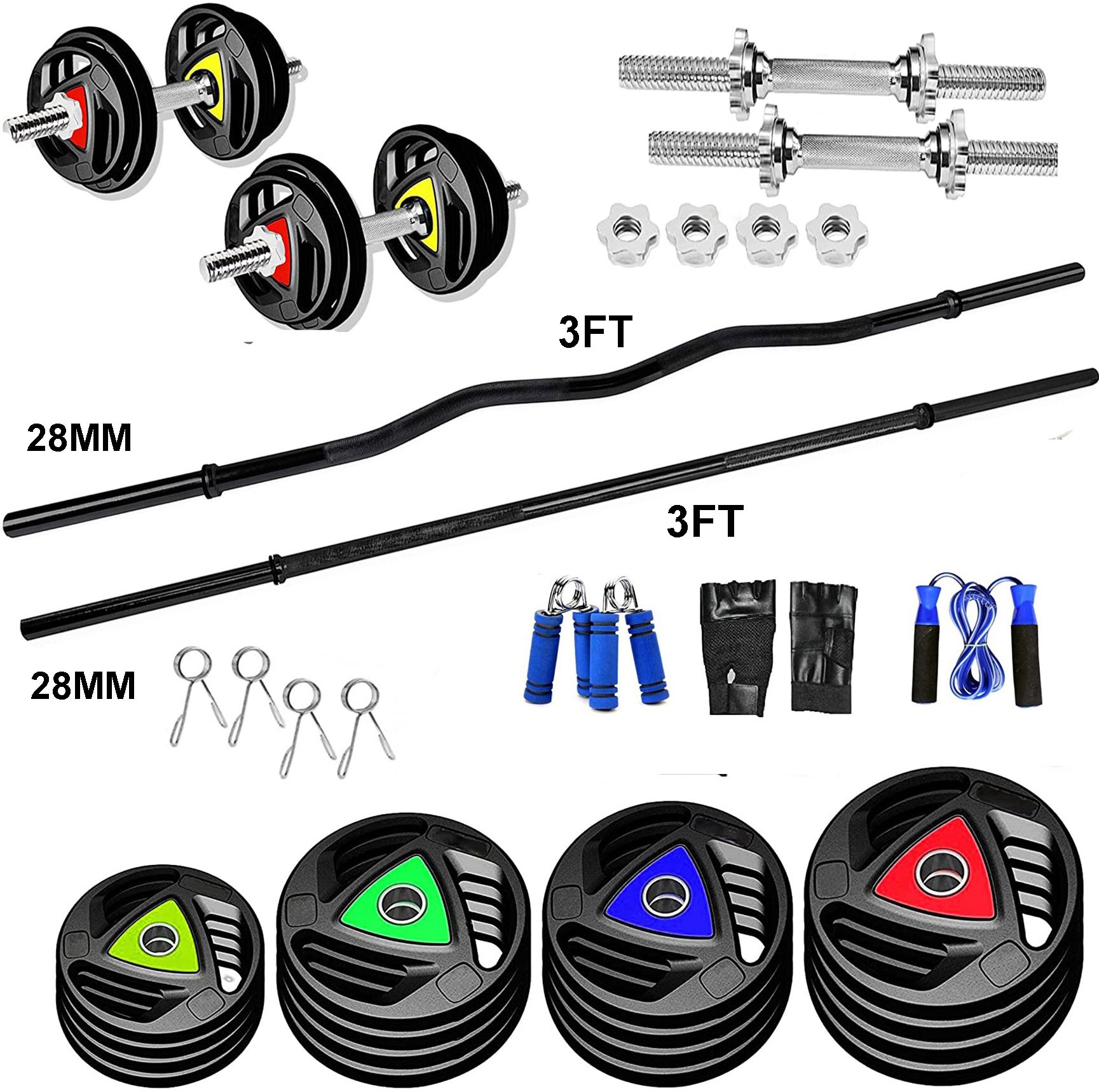 ymd 30 kg Premium Rubber Plates (2.5KGX4Pc, 5KGX4Pc) 3FT Curl 3FT STRT Black Powder Coated Home Gym Combo-picture-44