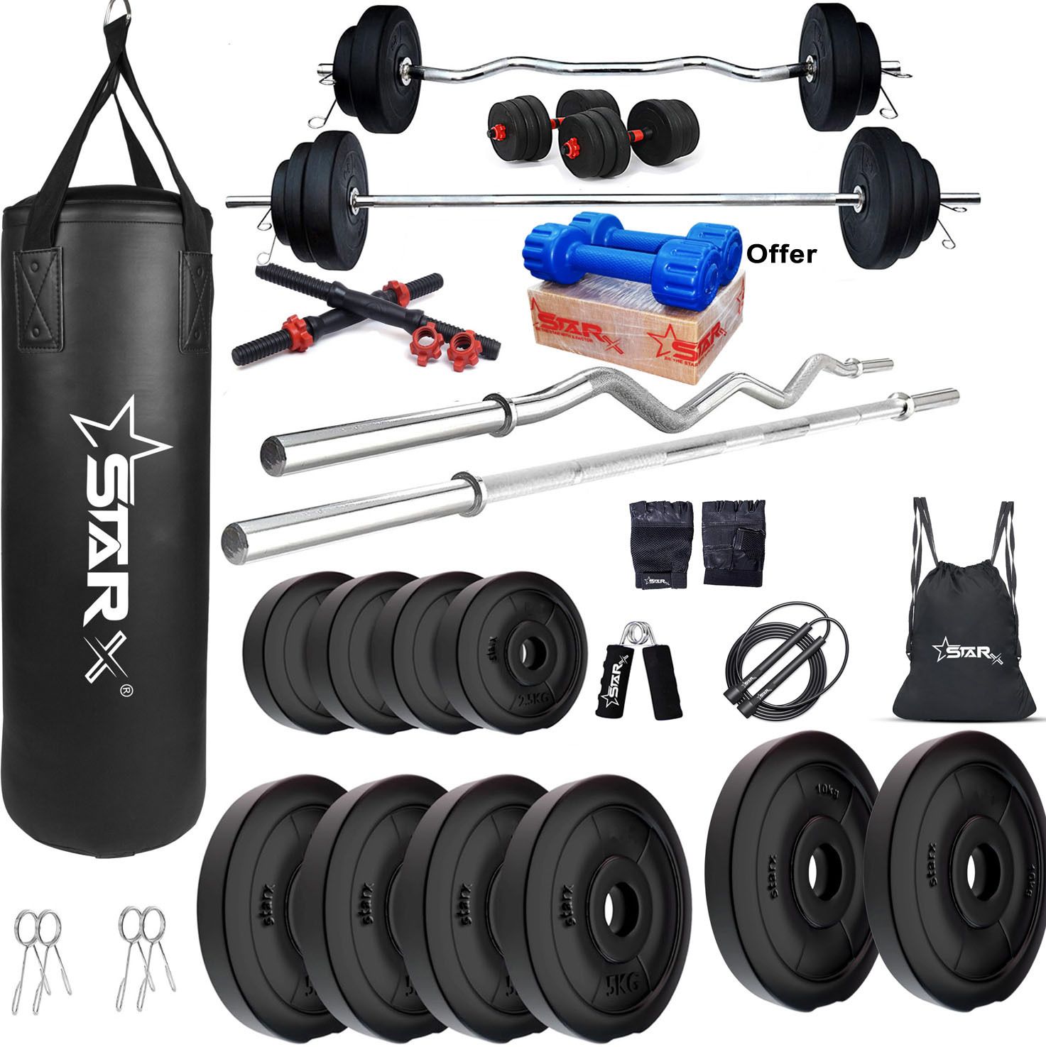 50 kg with 3FT Curl and 5FT Straight Rod Unfilled Punching Bag & PVC Dumbbells Home Gym Combo