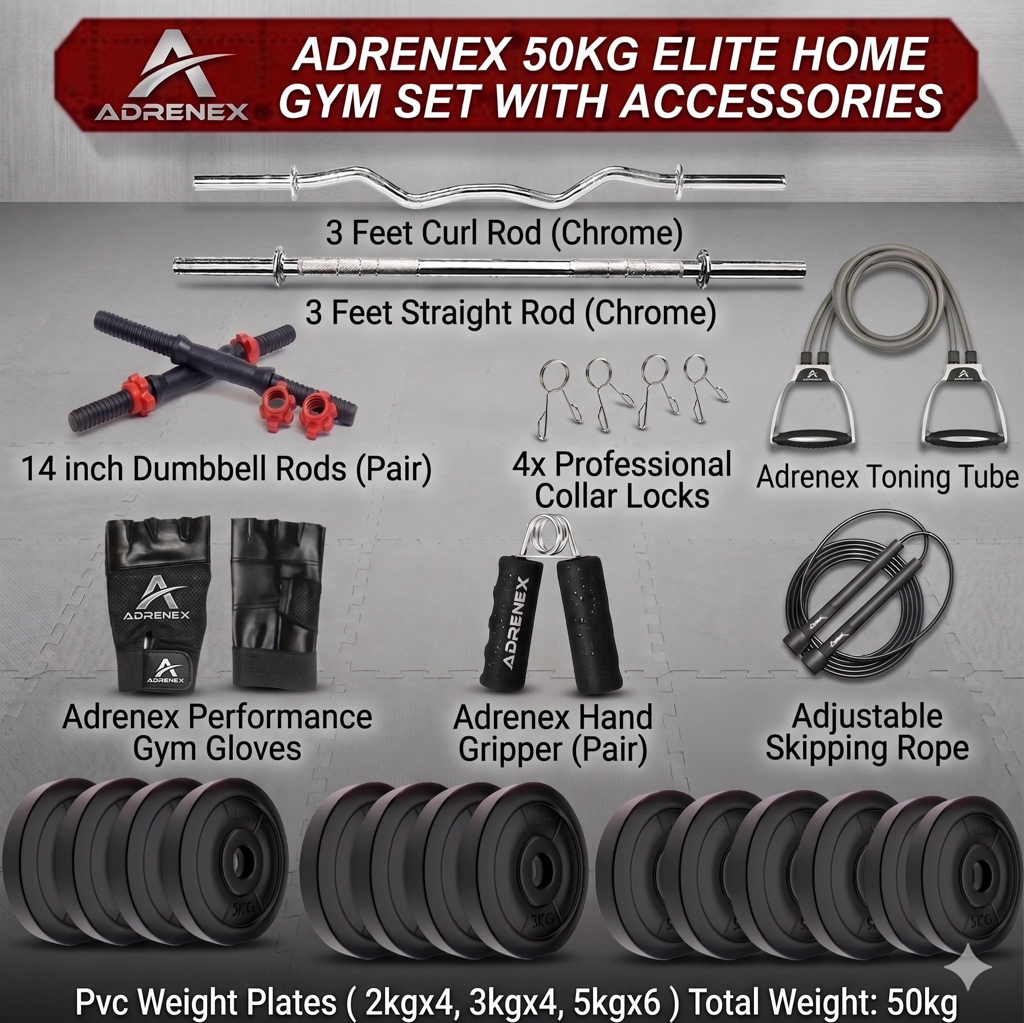 adrenex 50 kg PVC GYM KIT WITH 3FT CURL, 3FT STRAIGHT ROD AND TONNING TUBE WITH ACCESSORIES Home Gym Combo-picture-49