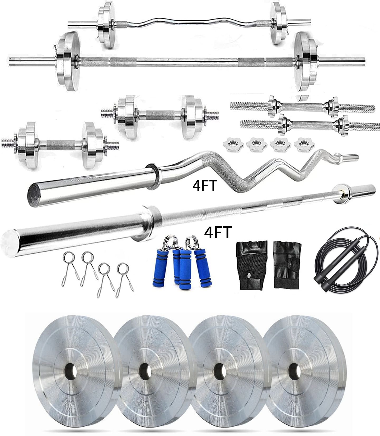 ymd 10 kg Steel Plates Grooved (2.5KGX4Pc) 4FT Curl & 4FT Straight 28mm Rods Home Gym Combo-picture-24