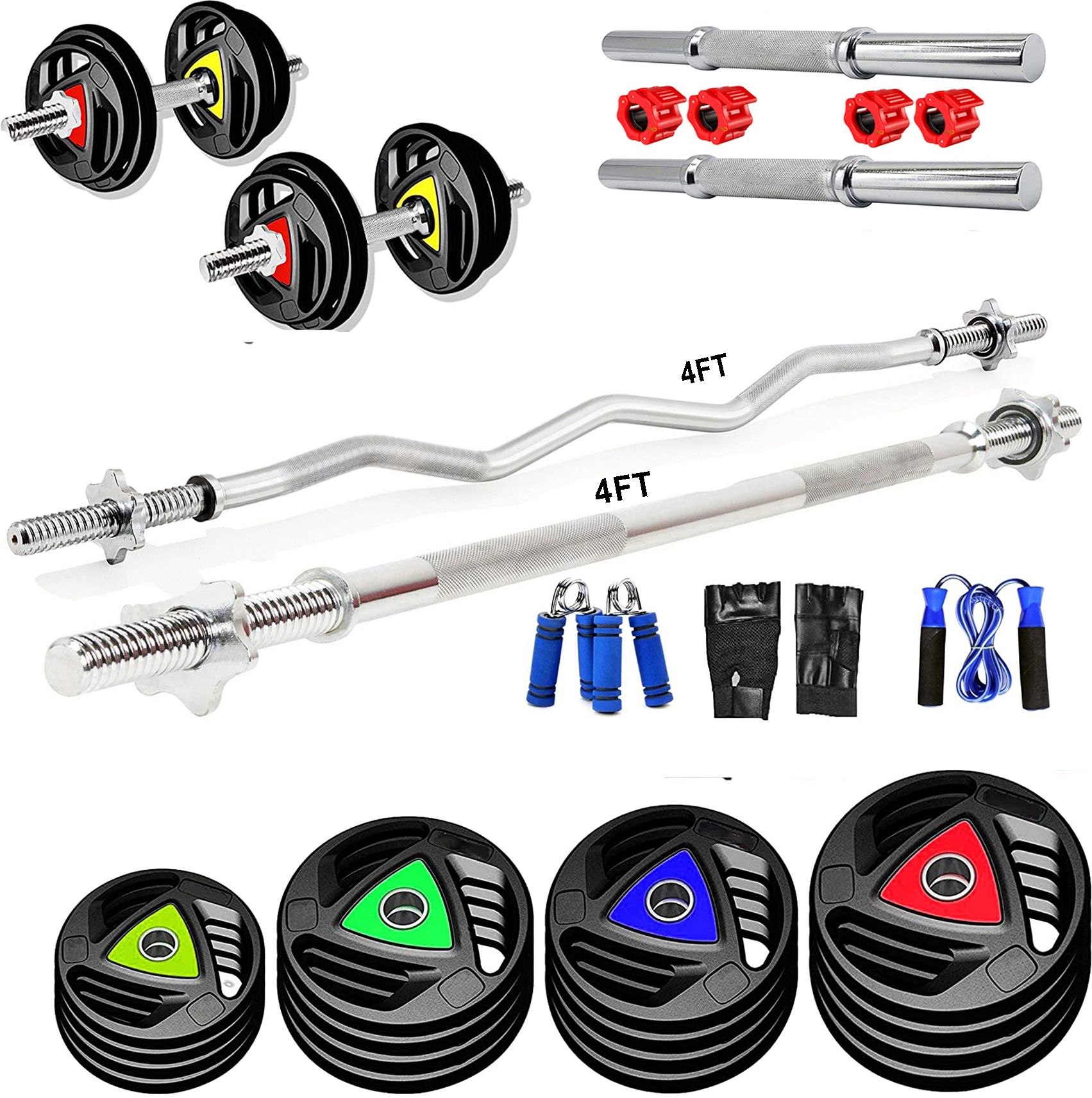 30 kg Premium Rubber Plates (2.5KGx4, 5KGx4) 4FT Curl, 4FT STRT 25MM Star Nut & Clamp Home Gym Combo-image-33