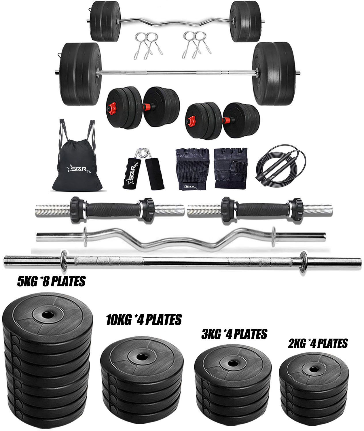 100 kg Pvc Weight With 3ft Curl, 5ft Straight Rod And Accessories Home Gym Combo