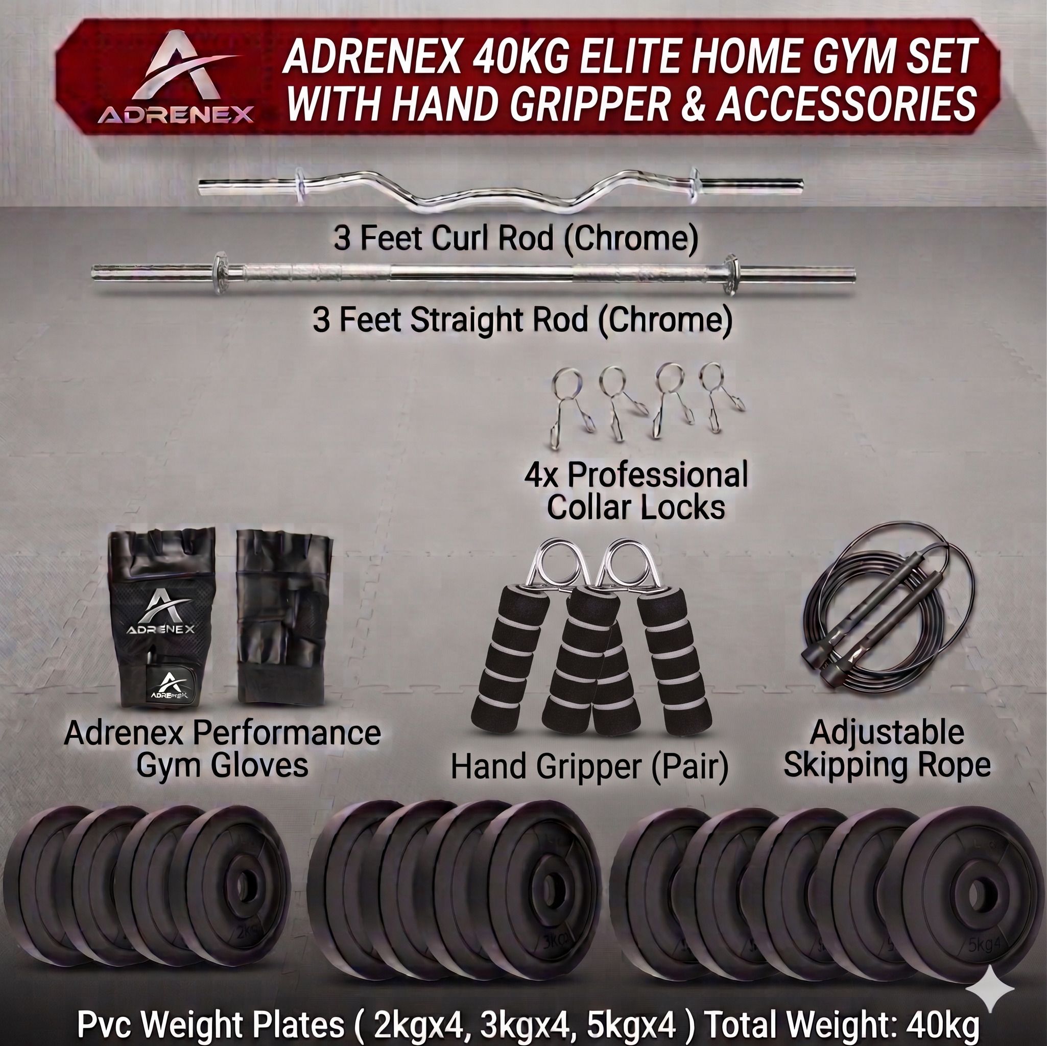 adrenex 40 kg ADR40kg/5kg,3kg,2kgx4/3ftn3ft/ACC Home Gym Combo-picture-1