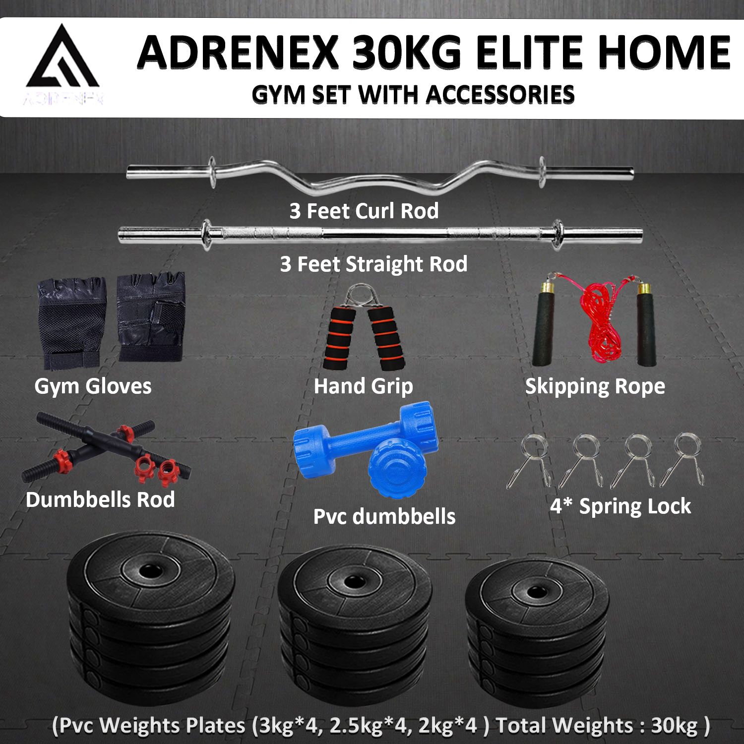 adrenex 30 kg PVC weight with 3ft Curl, 3ft Straight Rod and Accessories Home Gym Combo-picture-3
