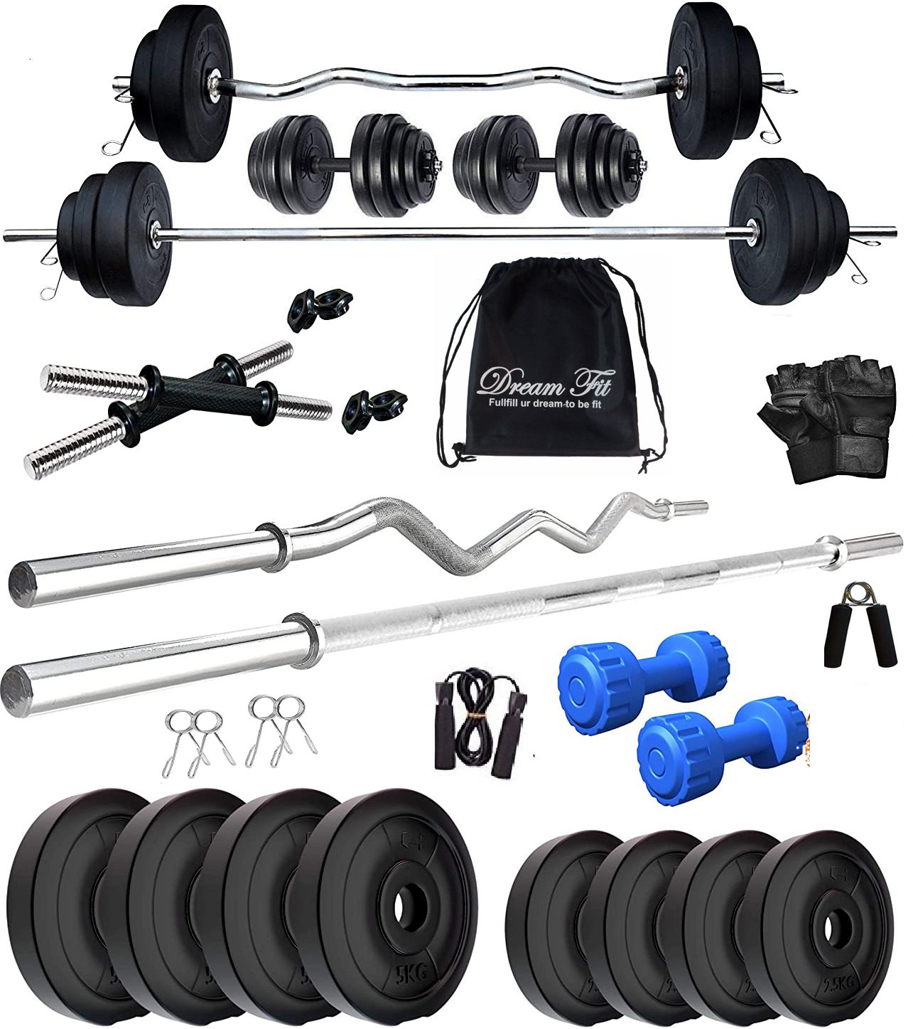 30 kg with 5 ft Straight Rod, 3 ft Curl Rod , pair of 2 kg pvc Dumbbells Home Gym Combo