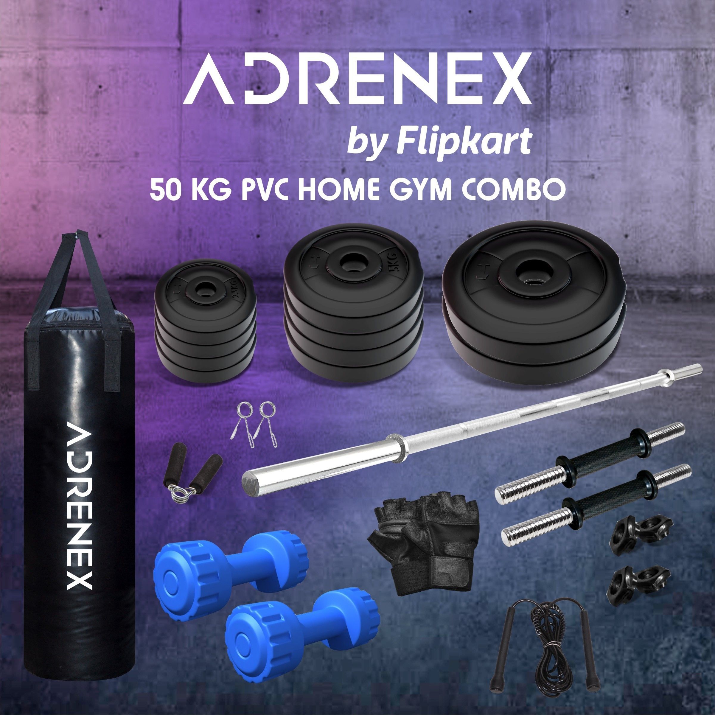 adrenex by flipkart 50 kg 50 kg PVC Plates COMBO 9 WB with Unfilled Punching Bag & PVC Dumbbells Home Gym Combo-picture-30