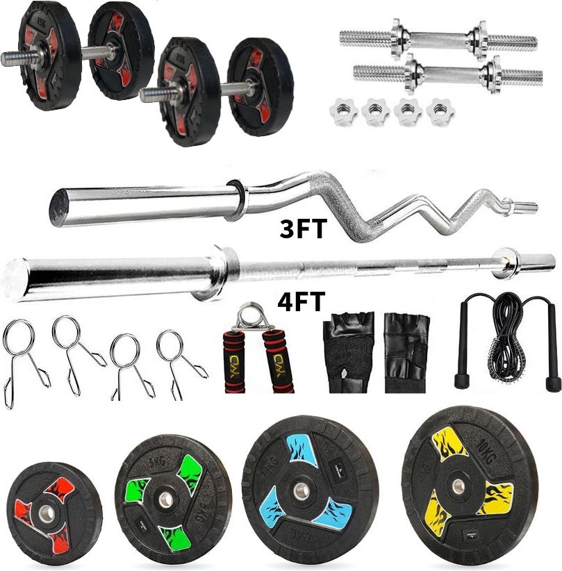 ymd 30 kg Premium Fan Rubber Plates (2.5KGx4Pc,5KGx4Pc) 3FT Curl 4FT STRT 28MM Rod, Clamps Home Gym Combo-picture-1