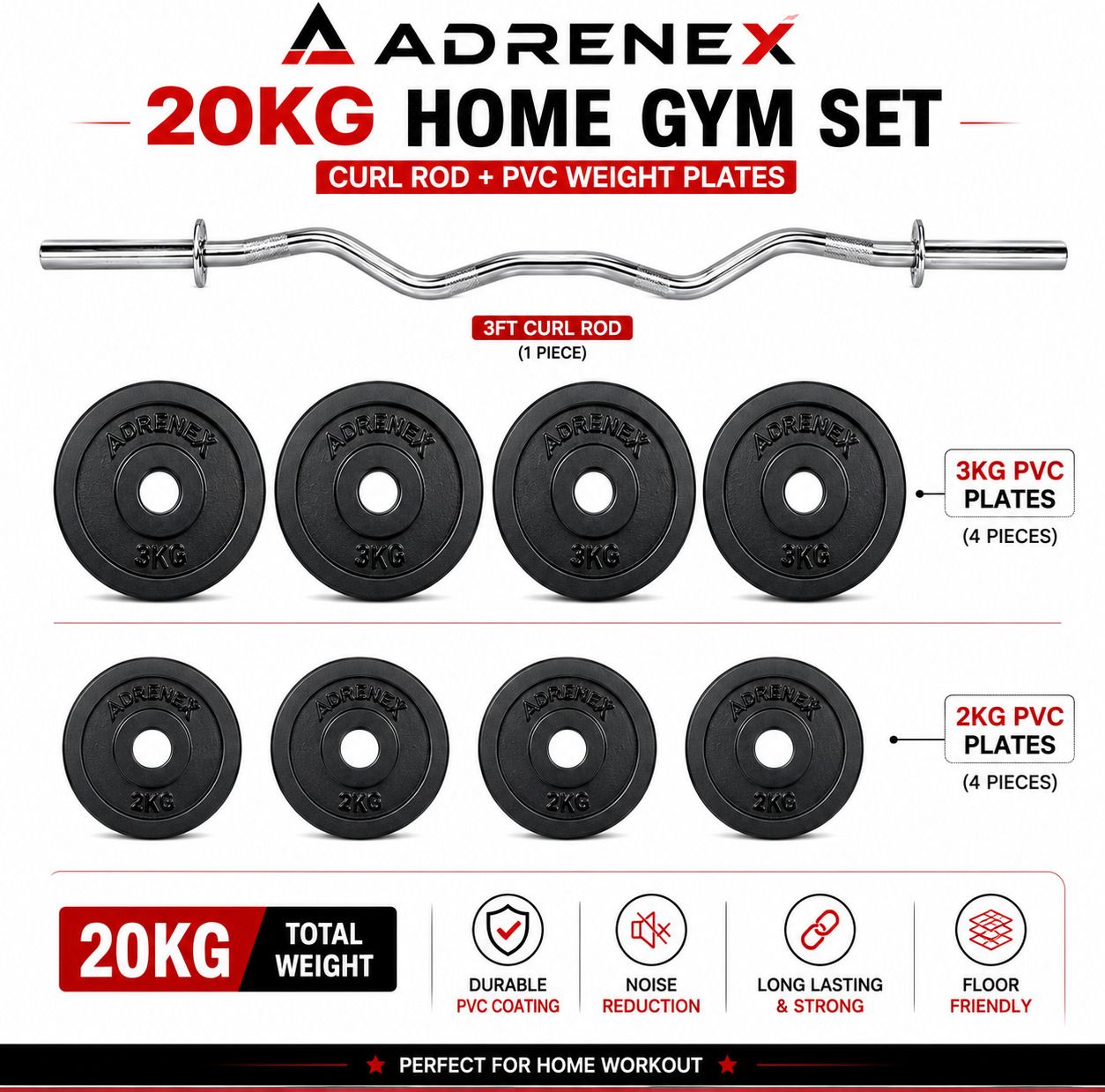adrenex 20 kg ADRX/PVC20KG/3KG*4/2KG*4/3FT CUR ROD Home Gym Combo-picture-15