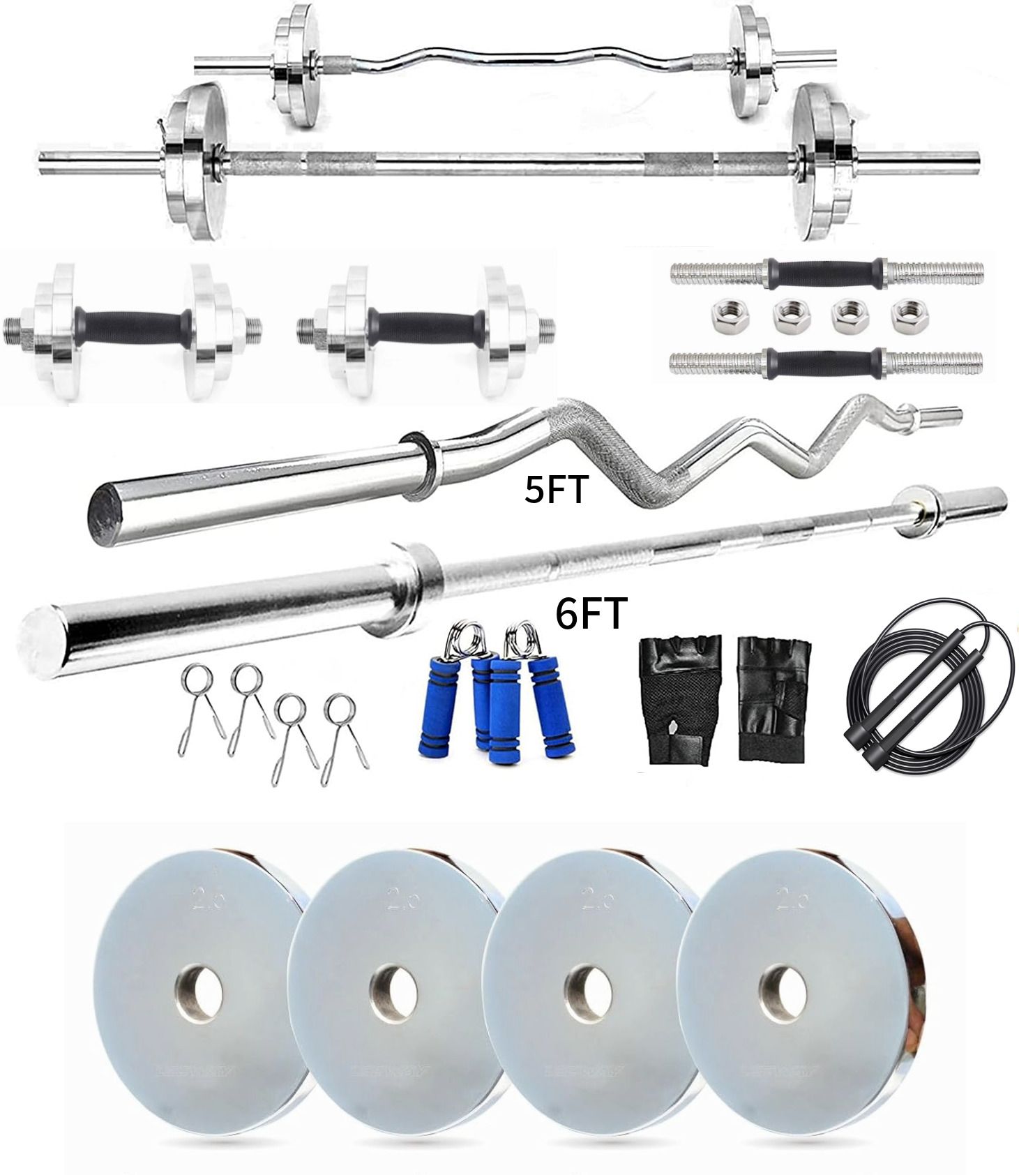 ymd 60 kg Steel Plates (2.5KGX4,5KGX6,10KGX2) 5FT Curl & 6FT Straight 28mm Grip Rods Home Gym Combo-picture-2