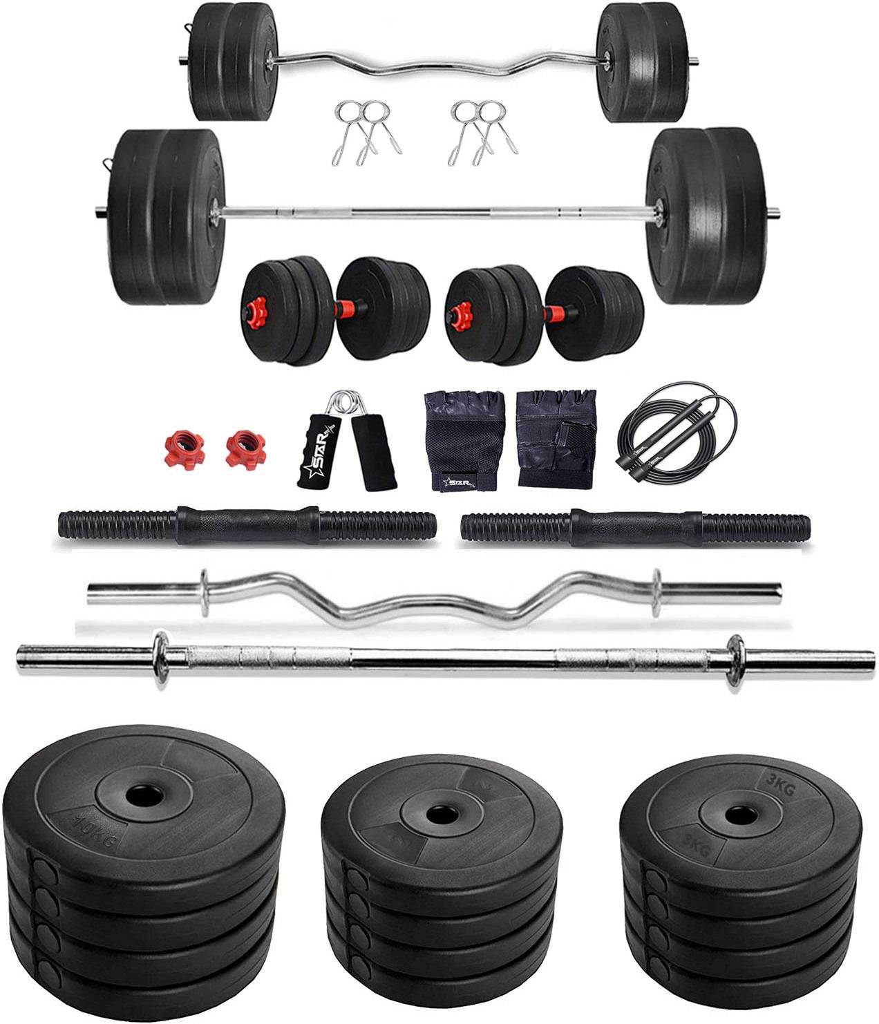 60 kg PVC weight with 3ft Curl Rod, 5ft Straight Rod and Accessories Home Gym Combo