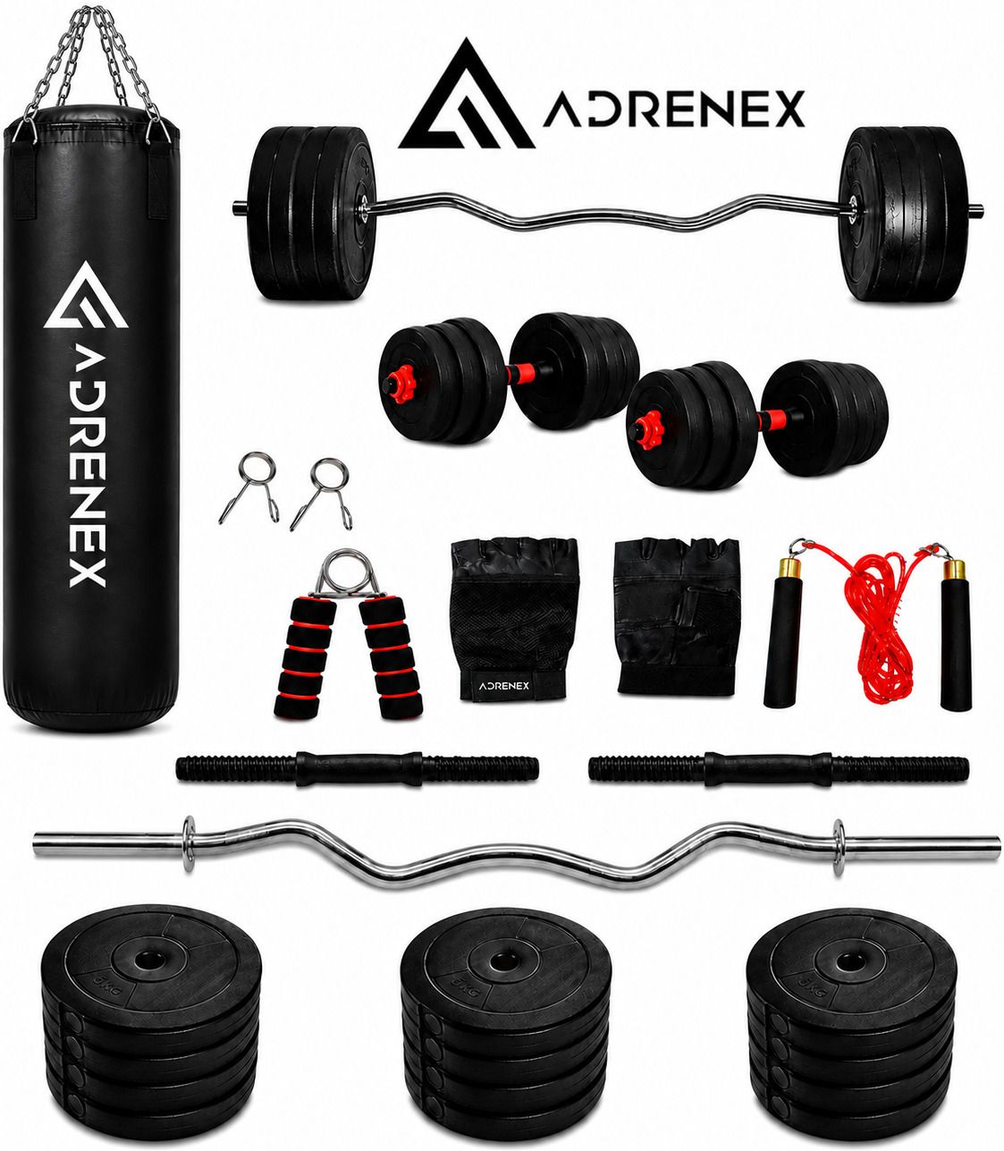 adrenex 30 kg Home Gym Kit with PVC Weights, 3ft Curl Rod, 2.5ft Punching Bag & Accessories Home Gym Combo-picture-1