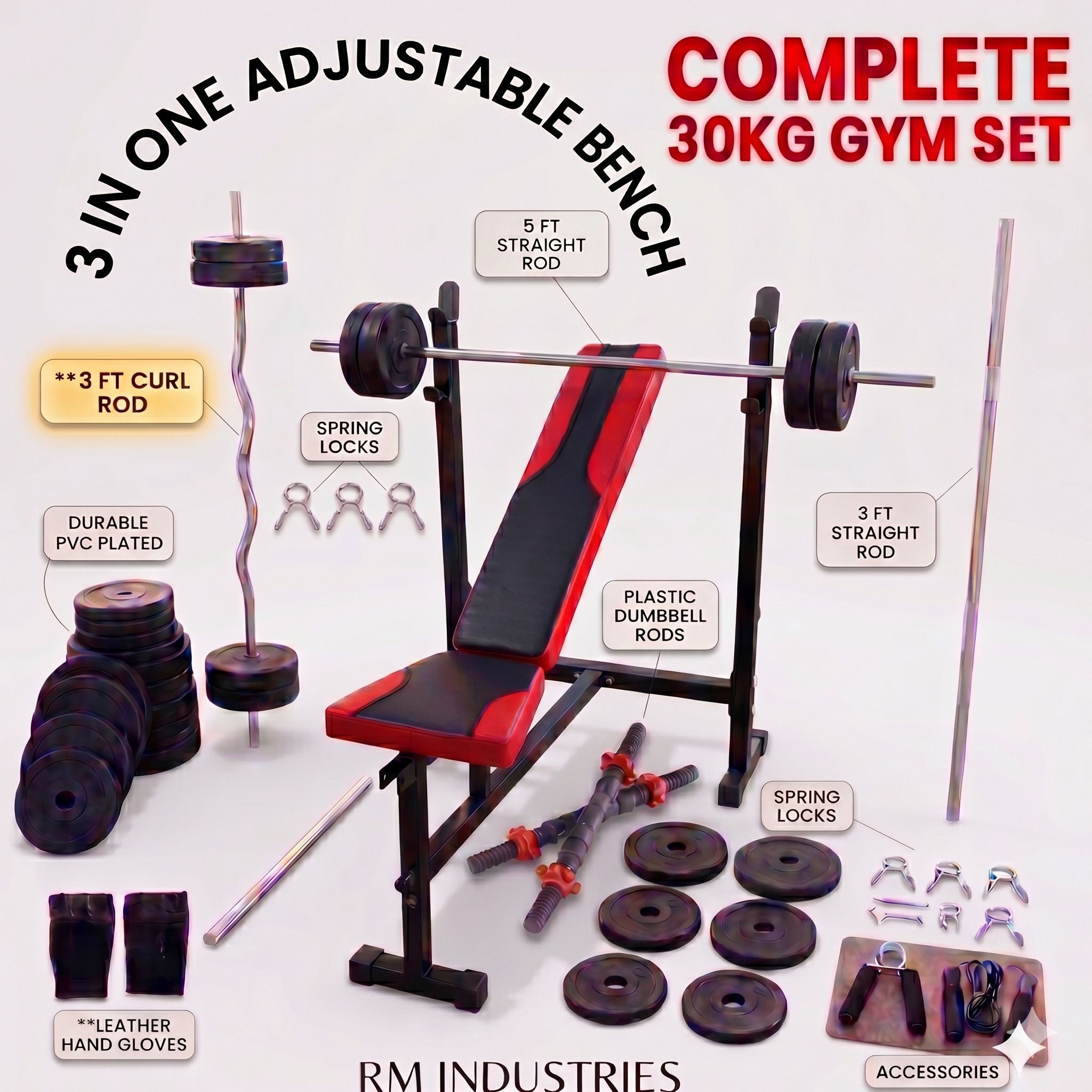 30 kg PVC PLATES WITH 3 IN ONE HOME GYM BENCH COMBO Home Gym Combo-image-38