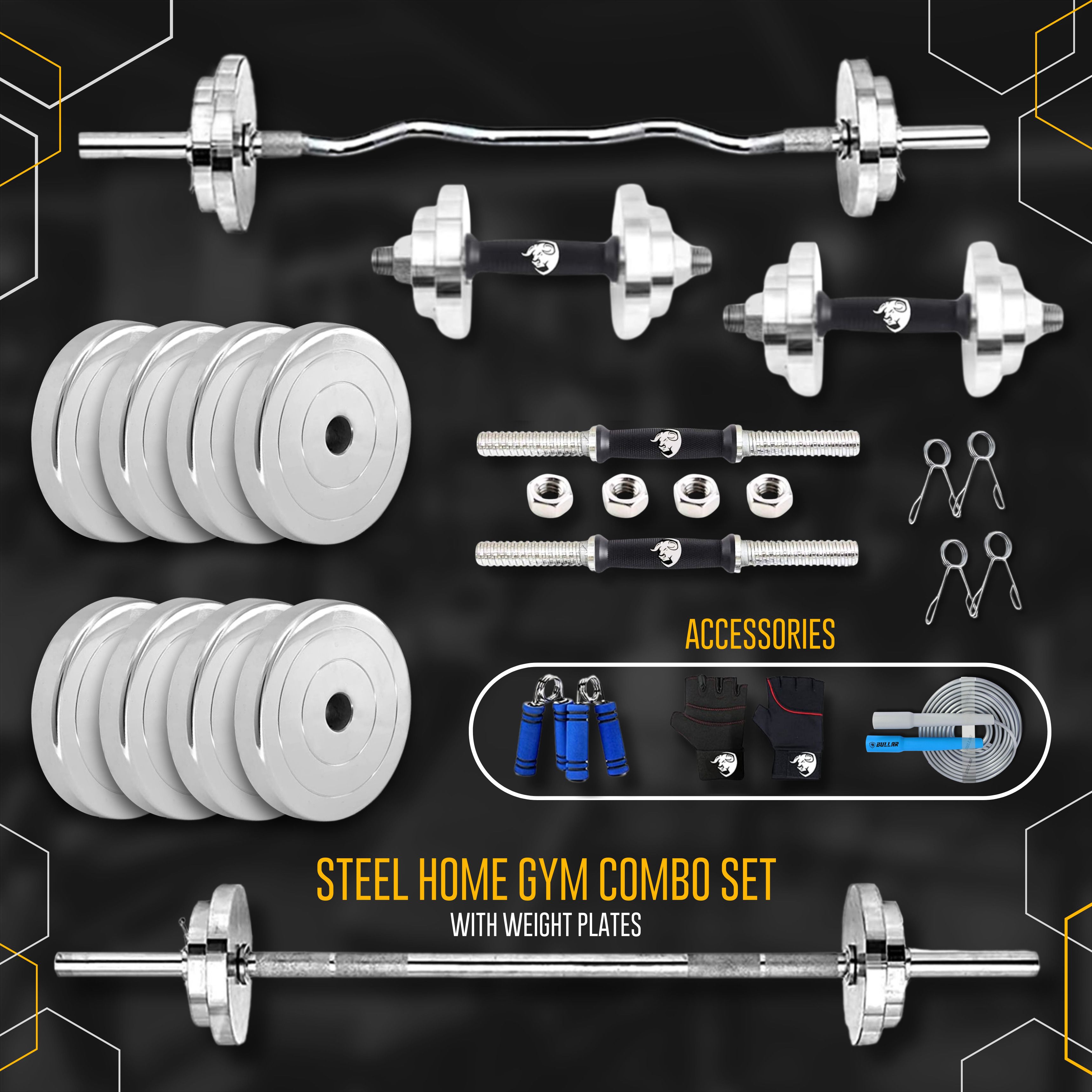 15 kg Steel Plates with 3Ft Curl, 5Ft Straight Rod (23mm) with 1 Pair Dumbbell Rods Home Gym Combo-image-46