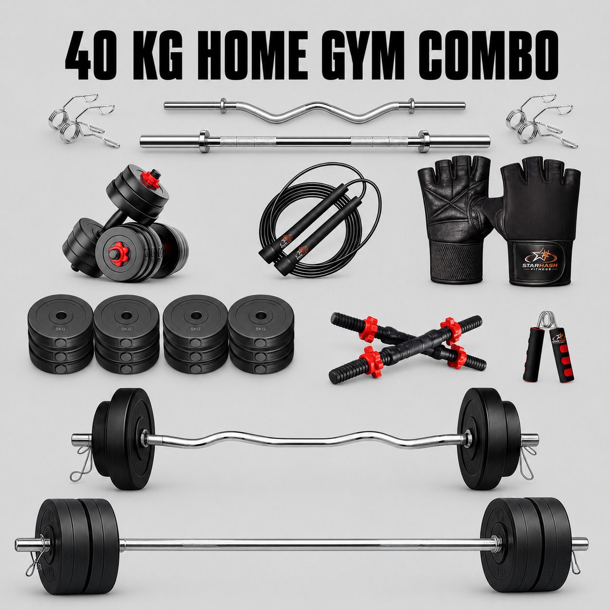 40 kg 3ft Straight+3ft Curl rod,Dumbbell rods,pvc plates(5kg*6/2.5kg*4)+Accessories Home Gym Combo-image-13