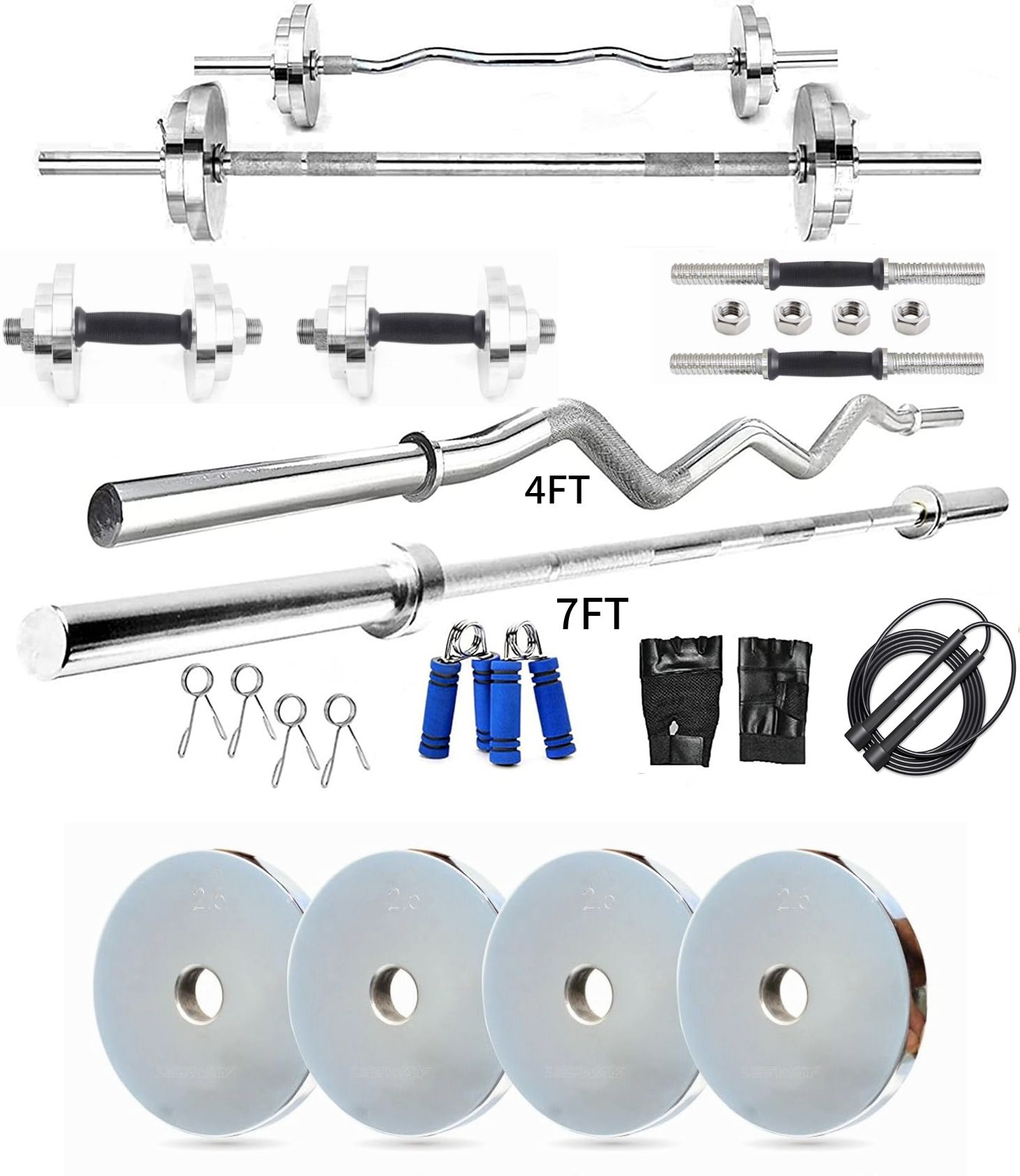 ymd 10 kg Steel Plates (2.5KGX4Pc) 4FT Curl & 7FT Straight 28mm Grip Rods Home Gym Combo-picture-20