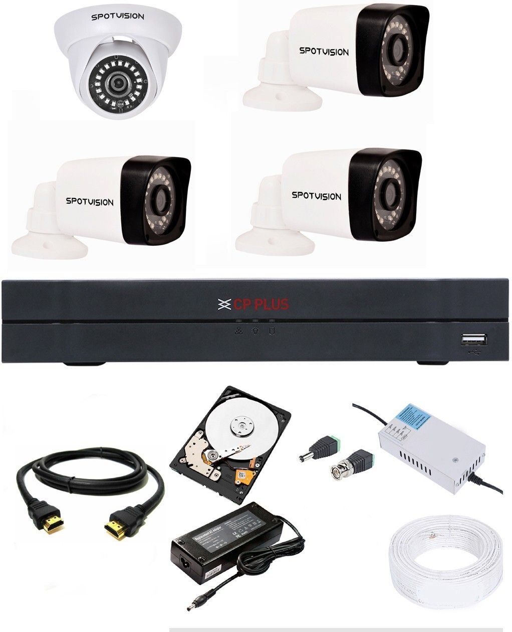 CP PLUS 4 Channal HD DVR 1080p 1Pcs,Spotvision Bullet Camera 2.4MP 3Pcs,Spotvision Dome Camera 2.4 MP 1Pcs,1 TB Hard Disk With Two Year Warranty 1Pcs,Wire Bundle 1Pcs,4 Channal Power Supply 1Pcs,Hdmi Cable 1Pcs,Mouse,Adapter,Bnc & DC Connectors, Security Camera-picture-20