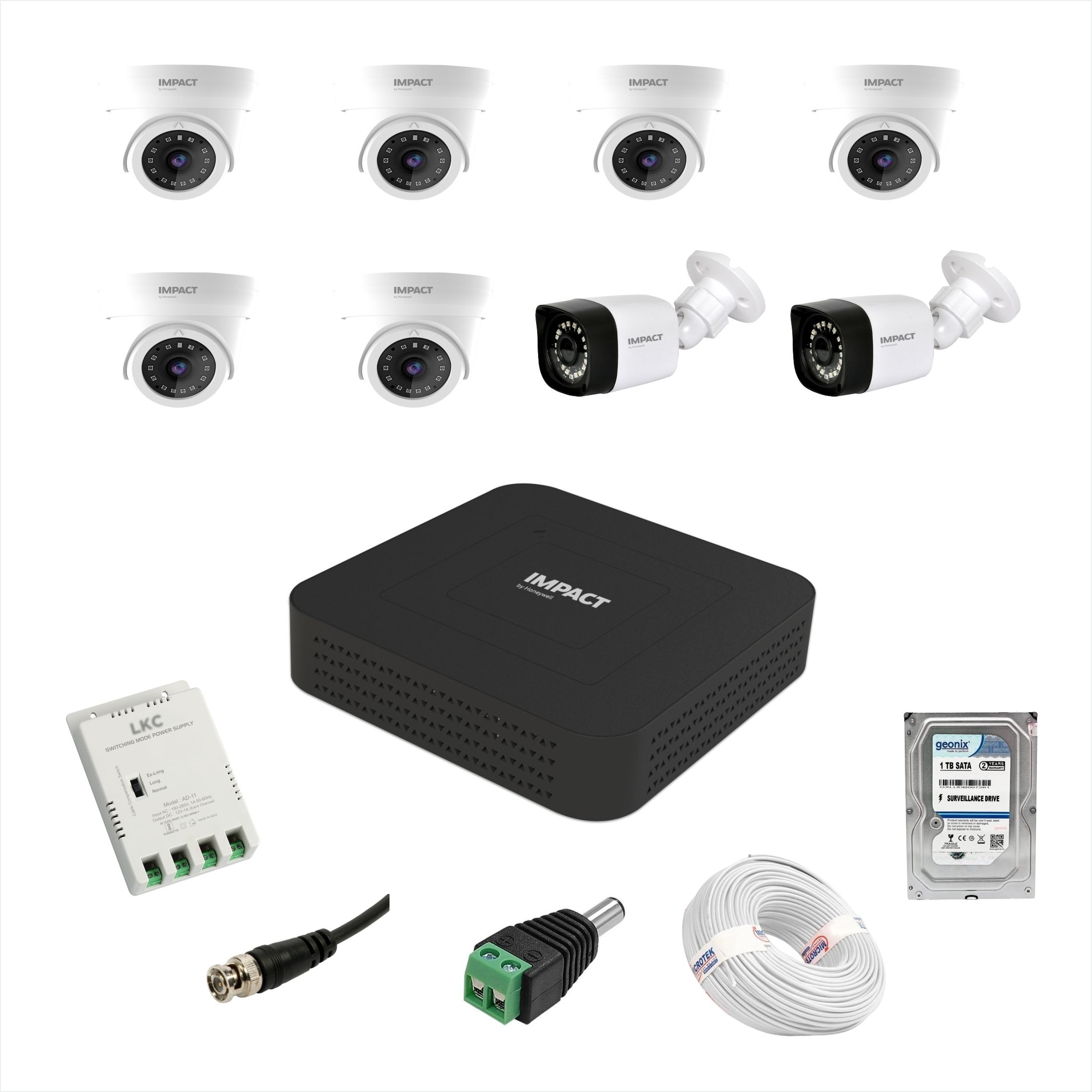 Impact by Honeywell 2MP 2 Bullet + 6 Dome CCTV +8 Channel DVR +1TB HDD+90 mtrs cable Cctv Camera Set Security Camera-image-0
