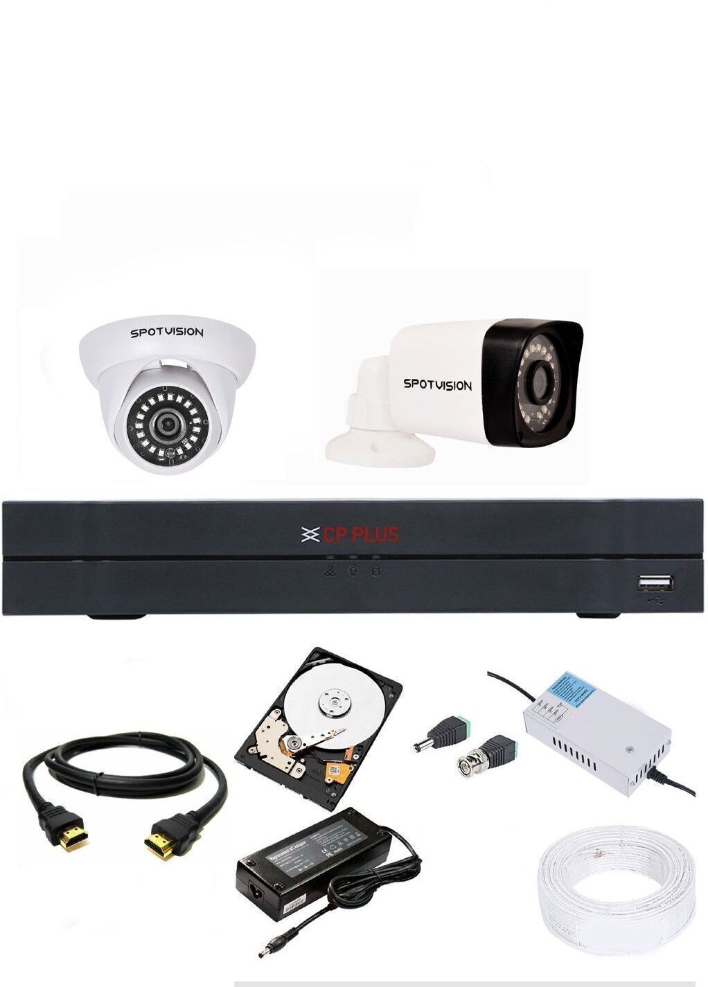 CP PLUS 4 Channal HD DVR 1080p 1Pcs,Spotvision Bullet Camera 2.4MP 1Pcs,Spotvision Dome Camera 2.4 MP 1Pcs,1 TB Hard Disk With Two Year Warranty 1Pcs,Wire Bundle 1Pcs,4 Channal Power Supply 1Pcs,Hdmi Cable 1Pcs,Mouse,Adapter,Bnc & DC Connecters Security Camera-picture-22