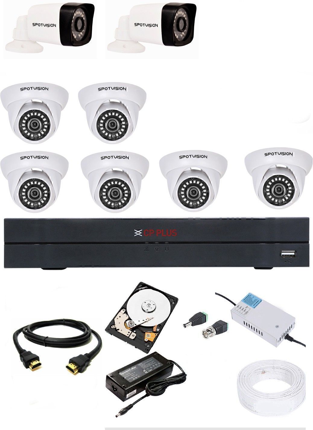 CP PLUS 8 Channal HD DVR 1080p 1Pcs,Spotvision Bullet Camera 2.4MP 2Pcs,Spotvision Dome Camera 2.4 MP 6Pcs,1 TB Hard Disk With Two Year Warranty 1Pcs,Wire Bundle 1Pcs,8 Channal Power Supply 1Pcs,Hdmi Cable 1Pcs,Mouse,Adapter,Bnc & DC Connectors, Security Camera-image-38