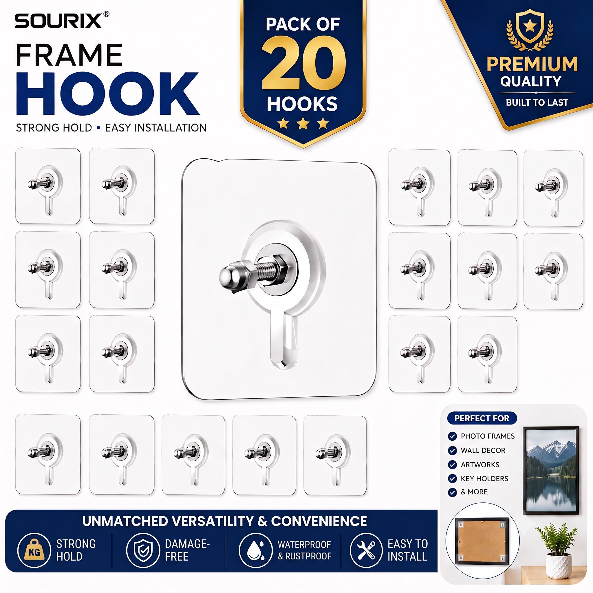 sourix 20 Pack Self Adhesive No Drill Water-Proof Nail Screw Hook for Bathroom,Kitchen Hook 20-picture-44