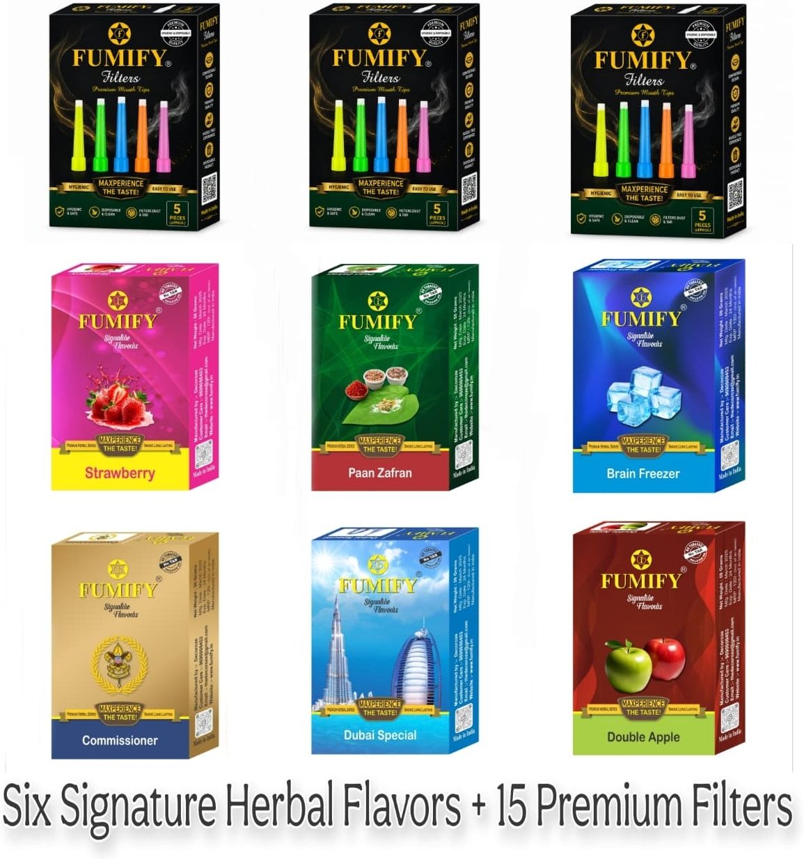 fumify Signature Herbal Flavours Combo Pack of 6 with 15 Premium Disposable Filters DOUBLE APPLE, STRAWBERRY, PAN ZAFRAN, BRAIN FREEZER, DUBAI SPECIAL, COMMISSIONER Hookah Flavor-picture-16