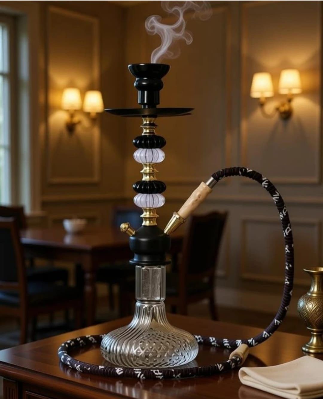 hri traders Premium Designer Black & Gold Glass Hookah Shisha Set With Hose For Home Parties 12 inch Glass Hookah-picture-20