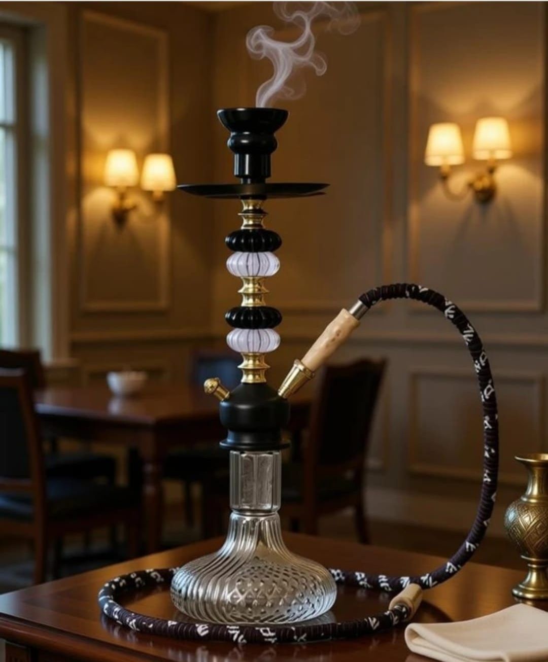 hri traders Premium Designer Black & Gold Glass Hookah Shisha Set With Hose For Home Parties 12 inch Glass Hookah-picture-15